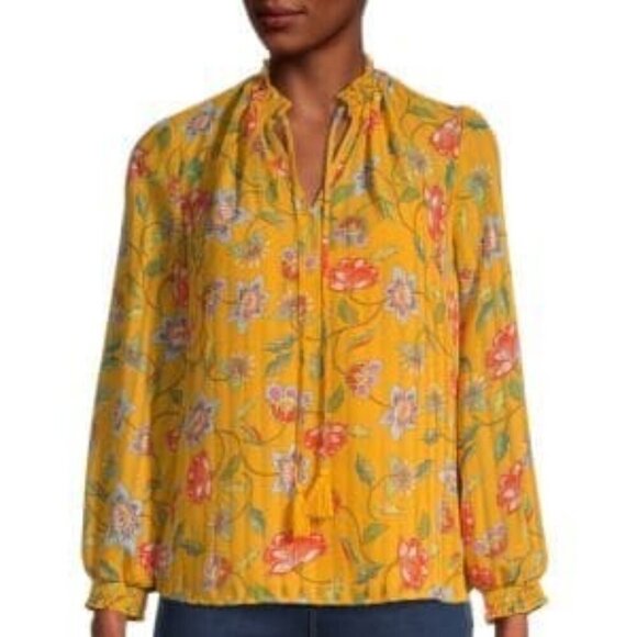 NANETTE LEPORE SZ XS Floral Yellow V-Neck Gathered Peasant Top - Picture 3 of 10